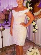 Sheath/Column Off-the-shoulder Tulle Knee-length Homecoming Dresses With Beading
