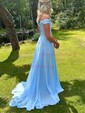 A-line Floor-length Off-the-shoulder Chiffon Beading Prom Dresses