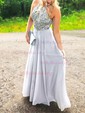 A-line Square Neckline Chiffon Floor-length Beading Prom Dresses