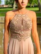 A-line Square Neckline Chiffon Floor-length Beading Prom Dresses