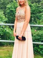 A-line Square Neckline Chiffon Floor-length Beading Prom Dresses