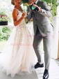 Ball Gown V-neck Backless Lace Tulle Prom Dresses With Appliques