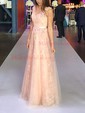 A-line V-neck Tulle Sweep Train Appliques Lace Prom Dresses