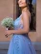 Ball Gown/Princess Sweep Train V-neck Tulle Spaghetti Straps Beading Prom Dresses