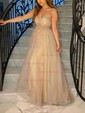 Ball Gown/Princess Sweep Train V-neck Tulle Spaghetti Straps Beading Prom Dresses