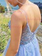 Ball Gown/Princess Sweep Train V-neck Tulle Spaghetti Straps Beading Prom Dresses