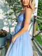 Ball Gown/Princess Sweep Train V-neck Tulle Spaghetti Straps Beading Prom Dresses