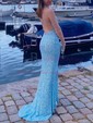 Sheath/Column Sweep Train Square Neckline Sequined Prom Dresses