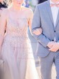 Ball Gown V-neck Tulle Prom Dresses With Beading