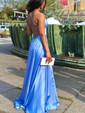 A-line V-neck Silk-like Satin Sweep Train Split Front Prom Dresses