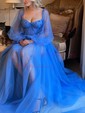 Ball Gown Sweetheart Puff Sleeve Tulle Prom Dresses With Beading