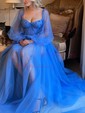 Ball Gown/Princess Sweep Train Sweetheart Tulle Long Sleeves Beading Prom Dresses