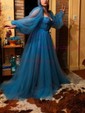 Ball Gown/Princess Sweep Train Sweetheart Tulle Long Sleeves Beading Prom Dresses