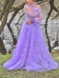 Ball Gown High Neck Tulle 3D Floral Prom Dresses With Puff Sleeve