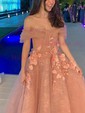 A-line Off-the-shoulder Tulle Sequin 3D Floral Prom Dresses
