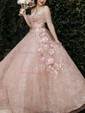 A-line Off-the-shoulder Tulle Sequined Sweep Train Prom Dresses With Flower(s)