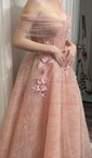 A-line Off-the-shoulder Tulle Sequin 3D Floral Prom Dresses