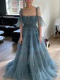 Ball Gown Sweetheart Tulle Ruffle Tiered Prom Dresses