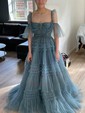 Ball Gown/Princess Sweep Train Sweetheart Tulle Tiered Prom Dresses