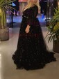 Black Ball Gown V-neck Tulle Prom Dresses With Puff Sleeve