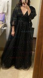 Black Ball Gown V-neck Tulle Prom Dresses With Puff Sleeve