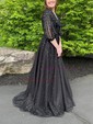 Black Ball Gown V-neck Tulle Prom Dresses With Puff Sleeve
