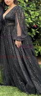 Black Ball Gown V-neck Tulle Prom Dresses With Puff Sleeve