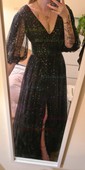 Black Ball Gown V-neck Tulle Prom Dresses With Puff Sleeve