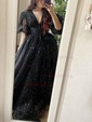 Black Ball Gown V-neck Tulle Prom Dresses With Puff Sleeve