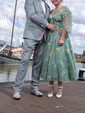 Ball Gown V-neck Tulle Puff Sleeve Floral Prom Dresses