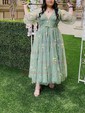 Ball Gown V-neck Tulle Puff Sleeve Floral Prom Dresses