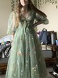 Ball Gown V-neck Tulle Puff Sleeve Floral Prom Dresses