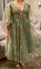 Ball Gown V-neck Tulle Puff Sleeve Floral Prom Dresses