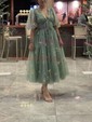 Ball Gown V-neck Tulle Puff Sleeve Floral Prom Dresses