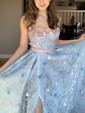 Ball Gown V-neck Tulle 3D Floral Prom Dresses With Appliques