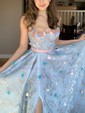 Ball Gown/Princess Sweep Train V-neck Tulle Appliques Lace Prom Dresses