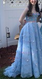 Ball Gown/Princess Sweep Train V-neck Tulle Appliques Lace Prom Dresses