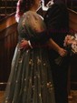 Ball Gown V-neck Tulle Floral Prom Dresses With Appliques