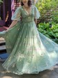Ball Gown V-neck Tulle Floral Prom Dresses With Appliques