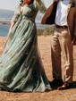 Ball Gown V-neck Tulle Floral Prom Dresses With Appliques