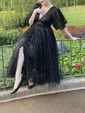 Black Ball Gown V-neck Tulle Prom Dresses With Puff Sleeve