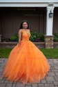 Princess V-neck Backless Tulle Prom Dresses With Appliques
