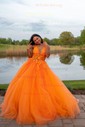 Princess V-neck Backless Tulle Prom Dresses With Appliques
