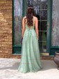 A-line Sweetheart Tulle Sweep Train Beading Prom Dresses