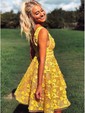 Floral Embroidered Deep V-neck Lace Homecoming Dresses