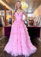 Ball Gown V-neck Tulle Sweep Train Tiered Prom Dresses