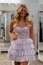 A-line Straight Glitter Short/Mini Homecoming Dresses With Tiered