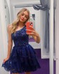 Corset Dark Navy Skater One Shoulder Tiered Homecoming Dresses