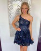Corset Dark Navy Skater One Shoulder Tiered Homecoming Dresses