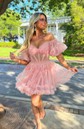 Pink Off Shoulder Puff Sleeve Tulle Mini Dress